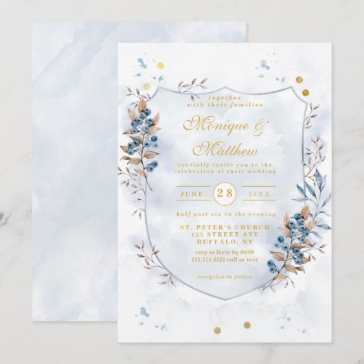 Invitation Mariage Dusty Blue et Gold Blueberries Shield (Devant / Derrière)