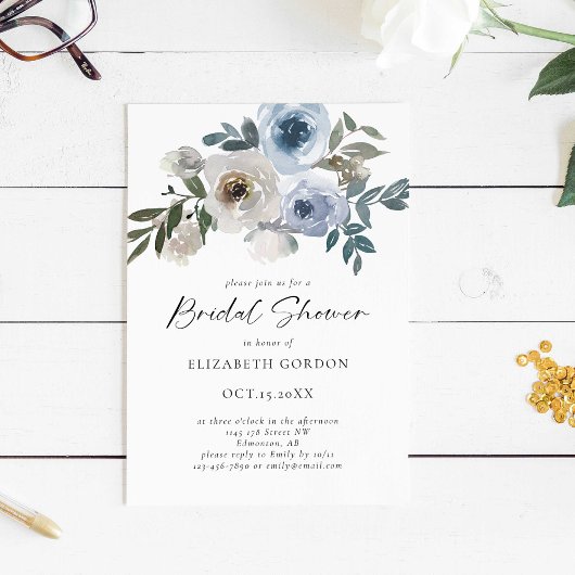 Invitation Mariage Dusty Blue Floral Élégant Script