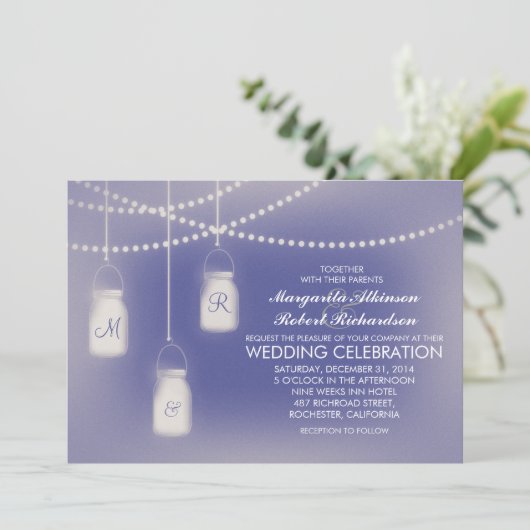 Invitation Mariage Dusty Blue Mason Jar Rustic Lights (Debout devant)