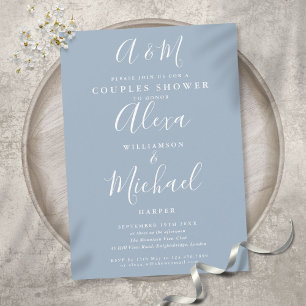 Invitation Mariage Dusty Blue Monogramme Script pour les coup