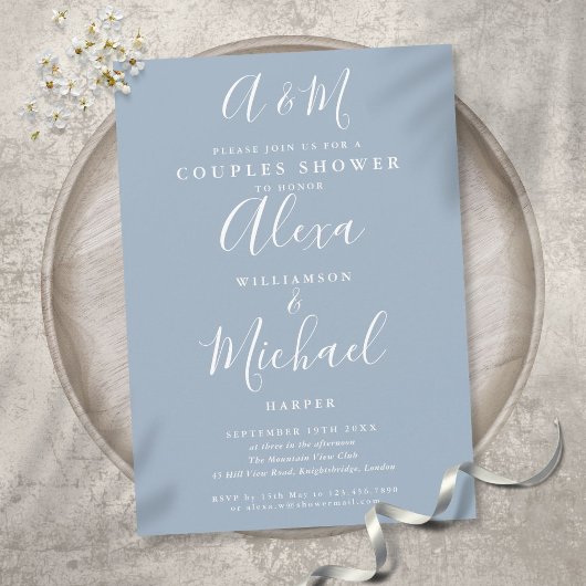 Invitation Mariage Dusty Blue Monogramme Script pour les coup