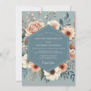 Invitation Mariage Dusty Blue Peach Flora