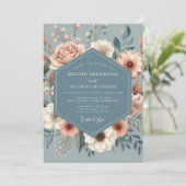 Invitation Mariage Dusty Blue Peach Flora (Debout devant)