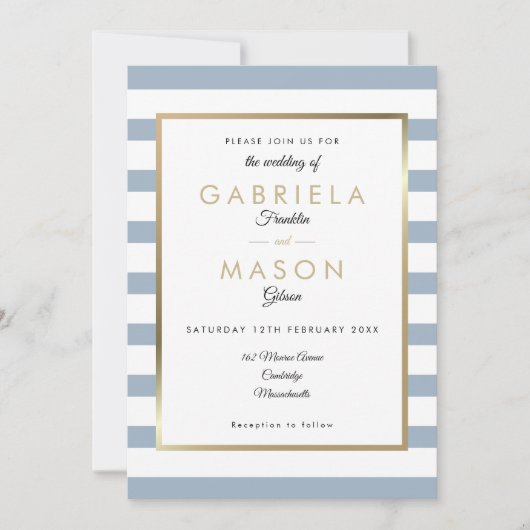Invitation Mariage Dusty Blue Stripe| Faux Gold Foil (Devant)