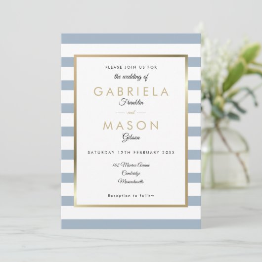 Invitation Mariage Dusty Blue Stripe| Faux Gold Foil (Debout devant)