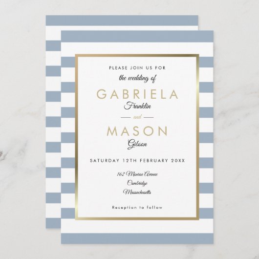Invitation Mariage Dusty Blue Stripe| Faux Gold Foil (Devant / Derrière)