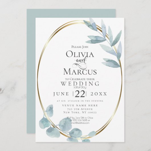 Invitation Mariage | Dusty Blue Watercolor Eucalyptus Feuille (Devant / Derrière)