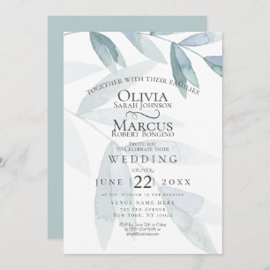 Invitation Mariage   Dusty Blue Watercolor Eucalyptus Feuille