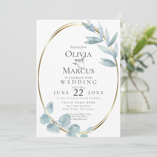 Invitation Mariage | Dusty Blue Watercolor Eucalyptus Feuille (Debout devant)
