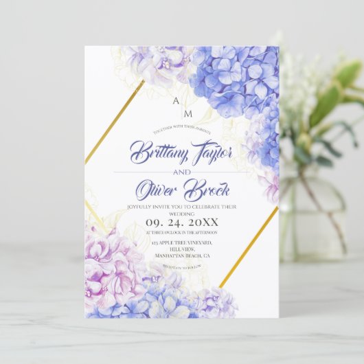 Invitation Mariage Dusty Pink & Bleu Nuit Flora Hydrangea (Debout devant)