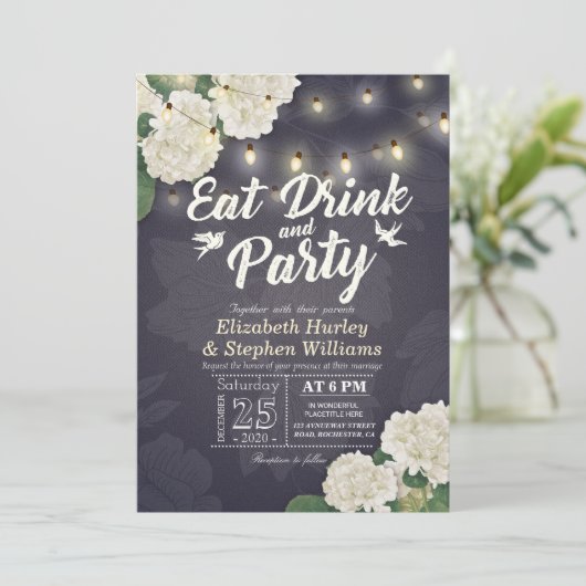 Invitation Mariage EAT Drink & Party Hydrangeas String Lights (Debout devant)