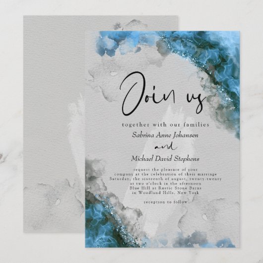 Invitation MARIAGE | Eau Bleue Étonnante Encre d'alcool Abstr (Devant / Derrière)