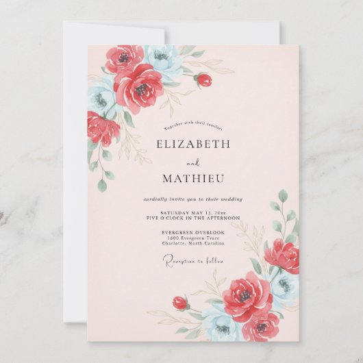Invitation Mariage Écarlate Azur Ranunculus Eucalyptus (Devant)