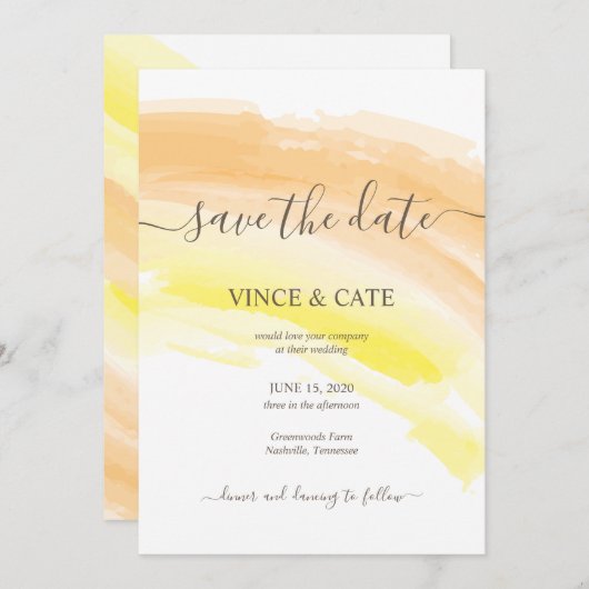 Invitation Mariage éclaboussure aquarelle jaune orange (Devant / Derrière)