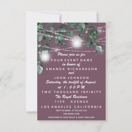 Invitation Mariage éclaire Robe Verte Rustique Diamant Violet (Devant)