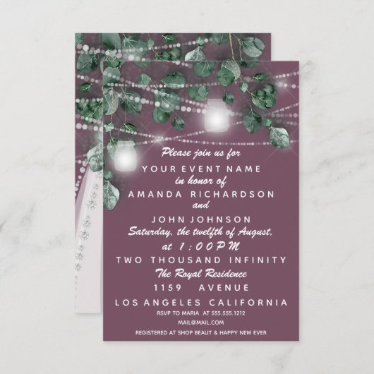 Invitation Mariage éclaire Robe Verte Rustique Diamant Violet (Devant / Derrière)
