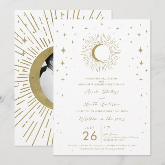 Invitation Mariage Éclat de Soleil Céleste Étoiles et Lune Bl (Devant / Derrière)