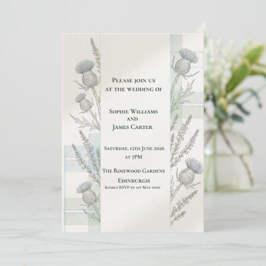Invitation Mariage Écossais Minimaliste Thistle Lavande (Debout devant)