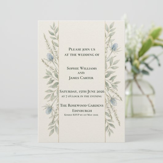Invitation Mariage Écossais Thistle Botanique Minimal Vert (Debout devant)