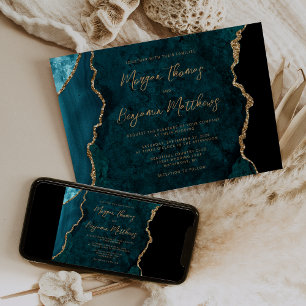 Invitation Mariage écriture Agate Bleu sarcelle Or