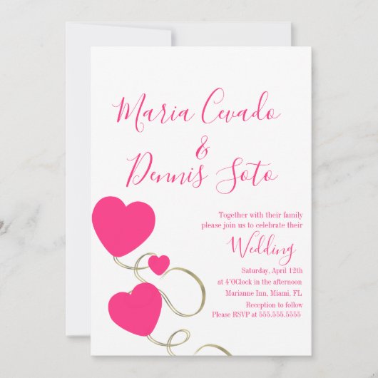 Invitation Mariage Écriture Cœurs et Volutes Rose Or (Devant)