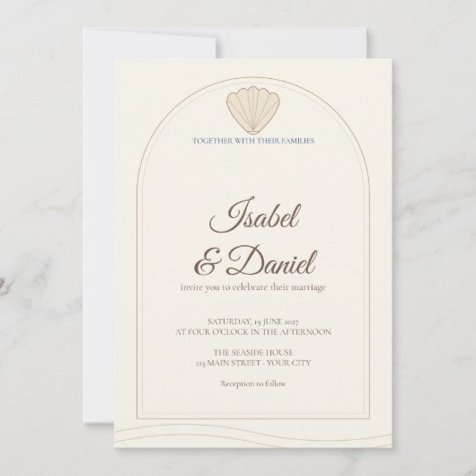 Invitation Mariage écriture côtière sable coquillage (Devant)