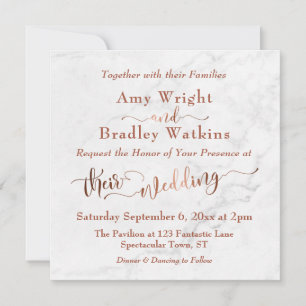 Invitation Mariage Écriture cuivrée ornée sur marbre blanc