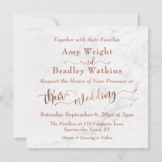 Invitation Mariage | Écriture cuivrée ornée sur marbre blanc (Devant)