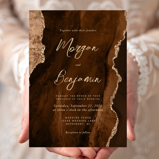 Invitation Mariage écriture dorée Agate aquarelle Brun Mocha