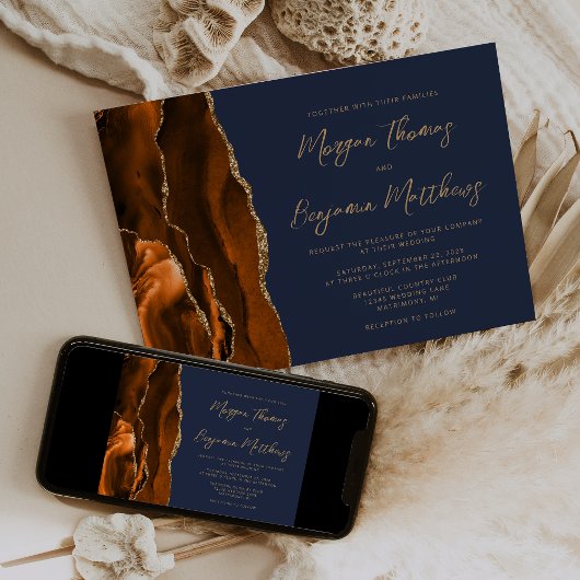 Invitation Mariage écriture manuscrite bleu marine Agate Or b