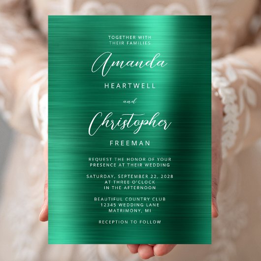 Invitation Mariage écriture métal brossé vert émeraude