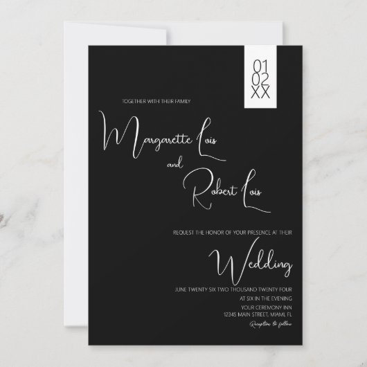 Invitation Mariage écriture ruban noir blanc moderne  (Devant)