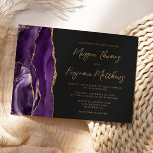 Invitation Mariage écriture sombre Agate Or Violet
