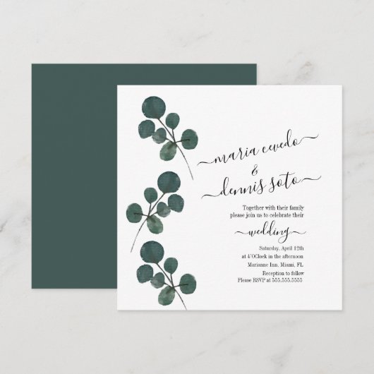 Invitation Mariage écriture verdure eucalyptus aquarelle (Devant / Derrière)
