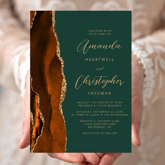 Invitation Mariage écriture vert foncé or agate orange brûlée