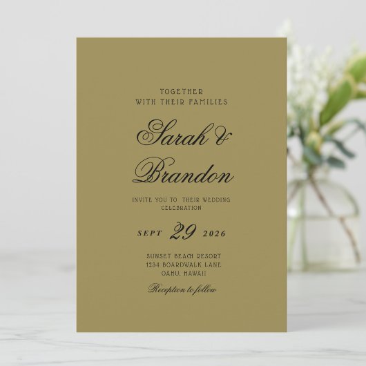 Invitation Mariage écriture vert olive couleur unie chaude