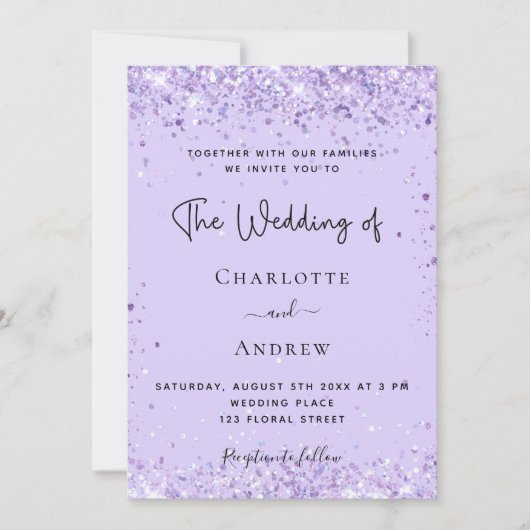 Invitation Mariage écriture violet lavande confettis (Devant)
