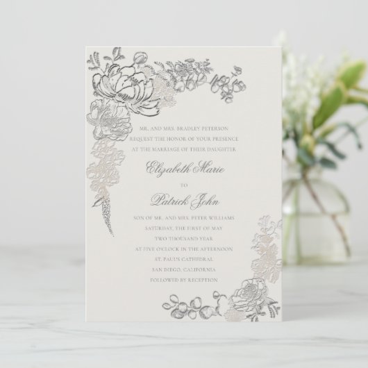 Invitation Mariage Ecru Formel Faux Embossé Peonies Frame (Debout devant)