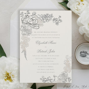 Invitation Mariage Ecru Formel Faux Embossé Peonies Frame