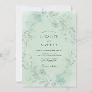 Invitation Mariage écume de mer sarcelle feuillage gris eucal