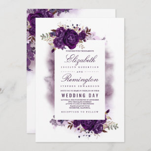 Invitation Mariage Eggplant Purple Floral Élégant Aquarelle