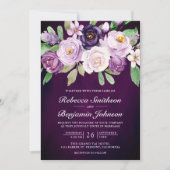 Invitation Mariage Eggplant Purple Floral QR Code Dark Moody (Devant)