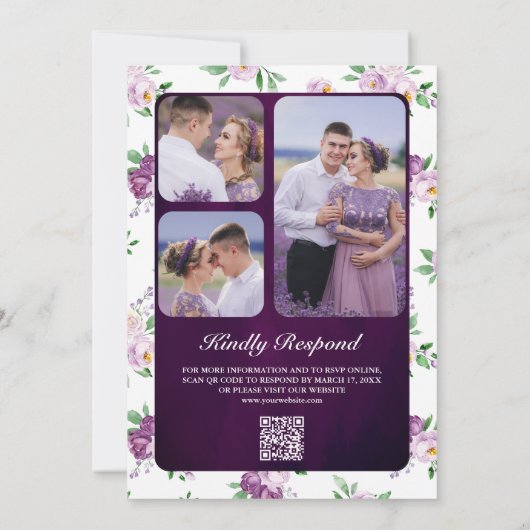 Invitation Mariage Eggplant Purple Floral QR Code Dark Moody (Dos)