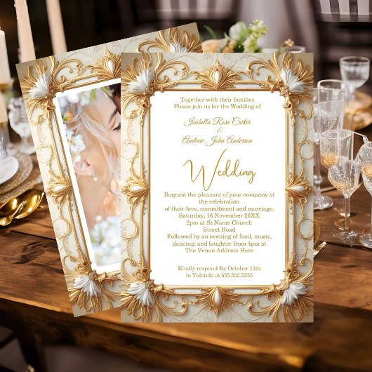 Invitation Mariage Elegance Crème Beige Gold Photo
