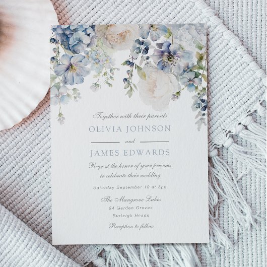 Invitation Mariage Elegance Dusty Blue & White Floral Mariage
