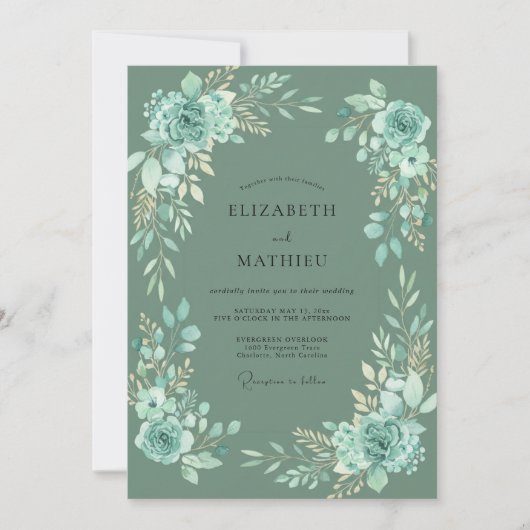 Invitation Mariage Élégance Florale Botanique Sarcelle (Devant)