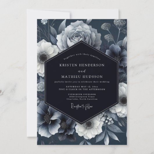 Invitation Mariage Élégance Florale Navy Moody (Devant)