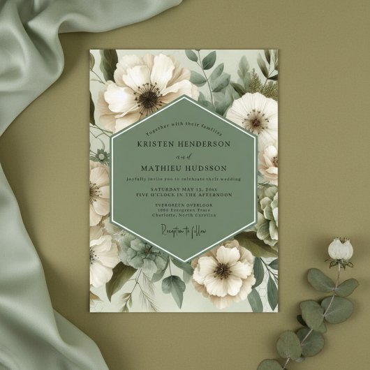 Invitation Mariage Élégance Florale Vert Sauge