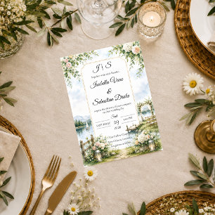 Invitation Mariage Élégance Jardin Romantique au Bord du Lac 