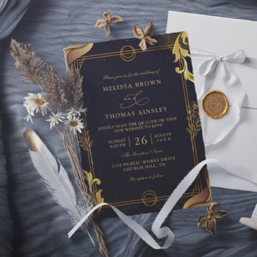 Invitation Mariage élégant à budget contrôlé avec QR Code or